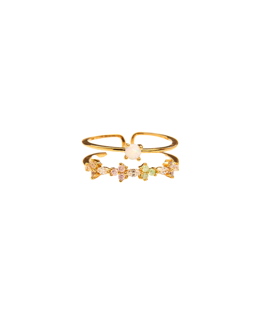 TAI Pastel Multi Flower and Pearl Adjustable Double Ring Jewelry - Trend TAI Gold