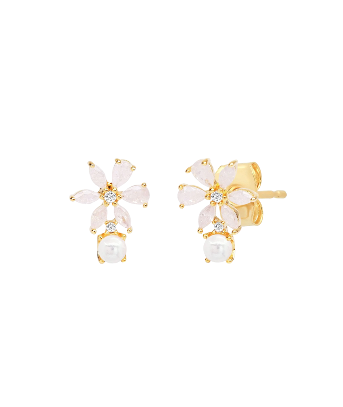 TAI White Stone Flower and Pearl Studs Jewelry - Trend TAI Gold