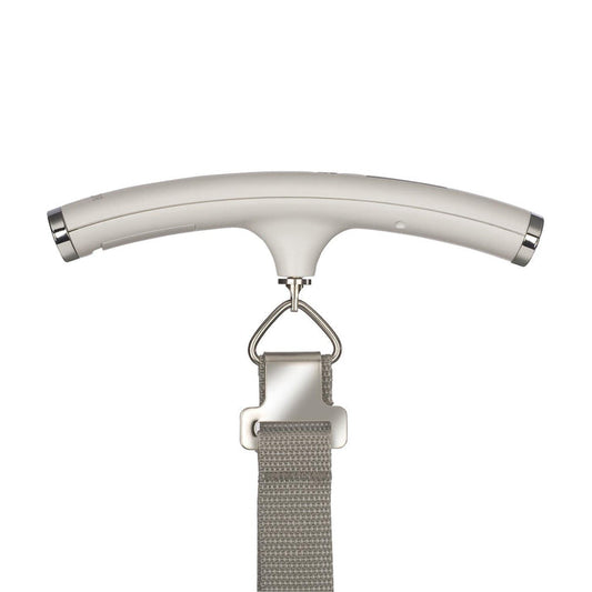 White Taylor luggage scale with curved top and gray woven strap