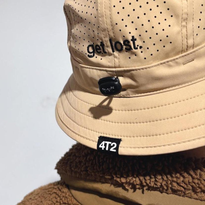 technical adjustable bucket hat, get lost, camel.