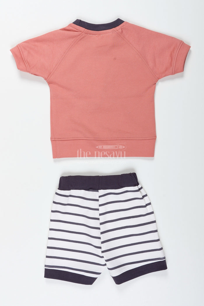 The Nesavu Boys Casual Set Teddy Bear Newborn Outfit for Boys in Soft Cotton with Printed Top and Striped Shorts Set Nesavu Nesavu Cotton Teddy Bear Newborn Outfit Boys Printed Tee Striped Shorts