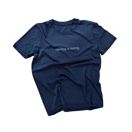 a stone washed black tee with running is boring on it. 4t2 logo at the back.