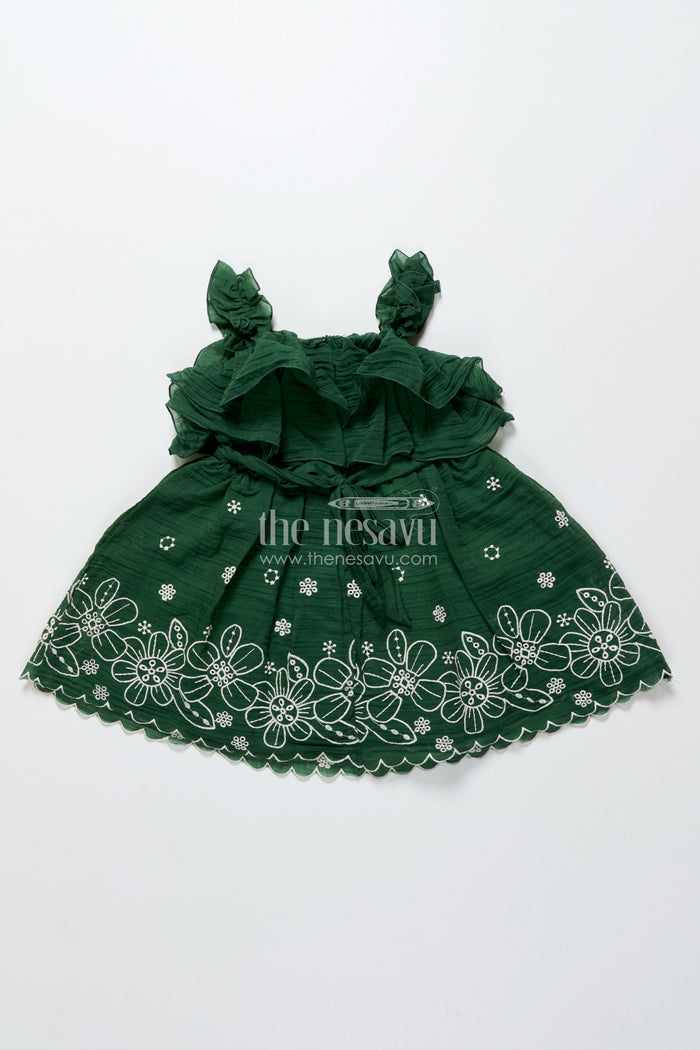 The Nesavu Girls Shorts Temple Visit Baby Frock in Traditional Green with Soft Cotton Fabric and Intricate Floral Lace Accents Nesavu Nesavu traditional green baby cotton frock floral lace temple visits cultural celebrations