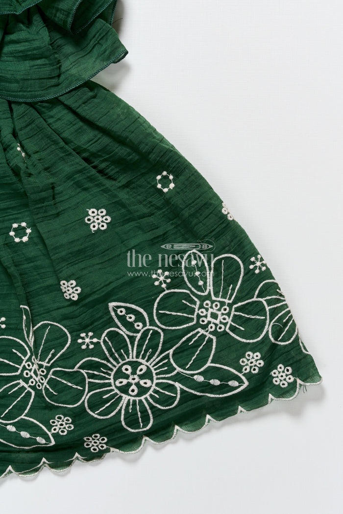 The Nesavu Girls Shorts Temple Visit Baby Frock in Traditional Green with Soft Cotton Fabric and Intricate Floral Lace Accents Nesavu Nesavu traditional green baby cotton frock floral lace temple visits cultural celebrations
