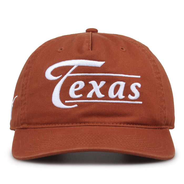 Texas Longhorns Original Heritage Bar Snapback in texas orange, front view of embroidered school script and bar design