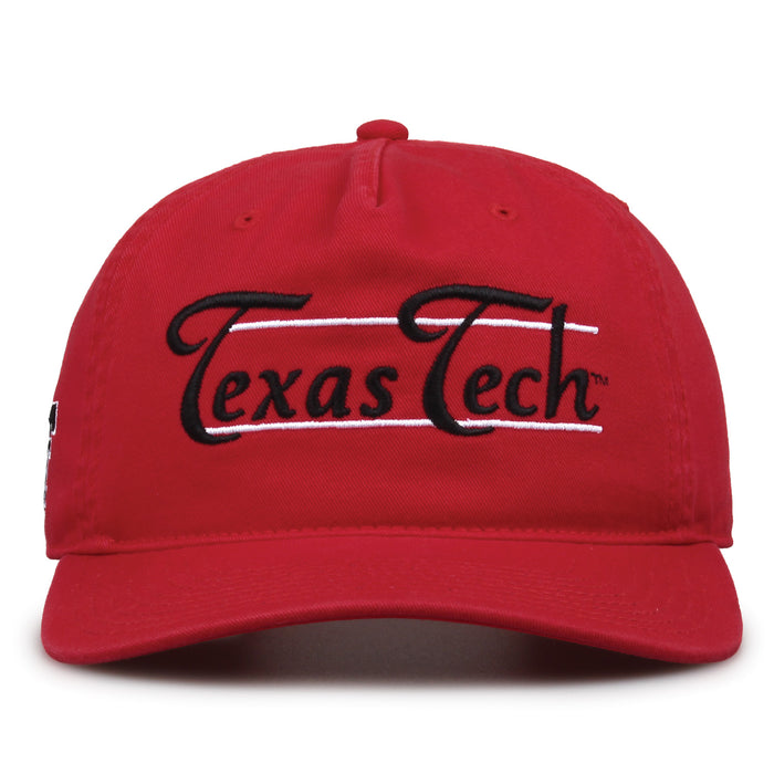 Texas Tech Red Raiders Original Heritage Bar Snapback in red, front view of embroidered school script and bar design