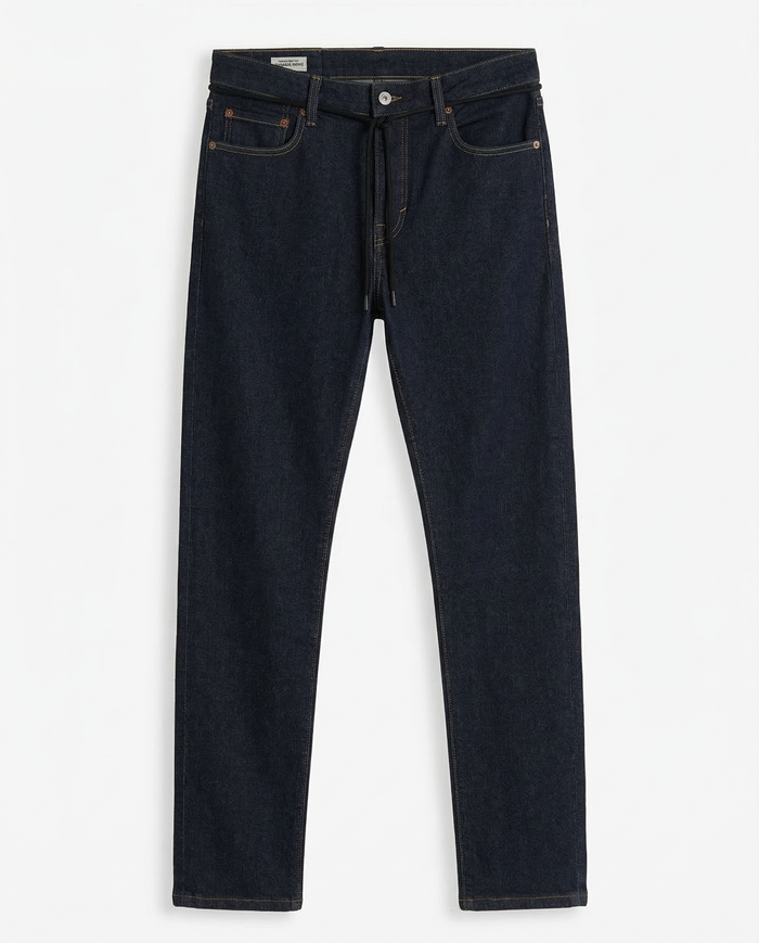 A front view of The Jeans Slim Fit in a dark rinse wash, laid flat on a white background. The image highlights the clean slim silhouette, the zip fly with top button, and subtle orange accent stitching. | c'est normal