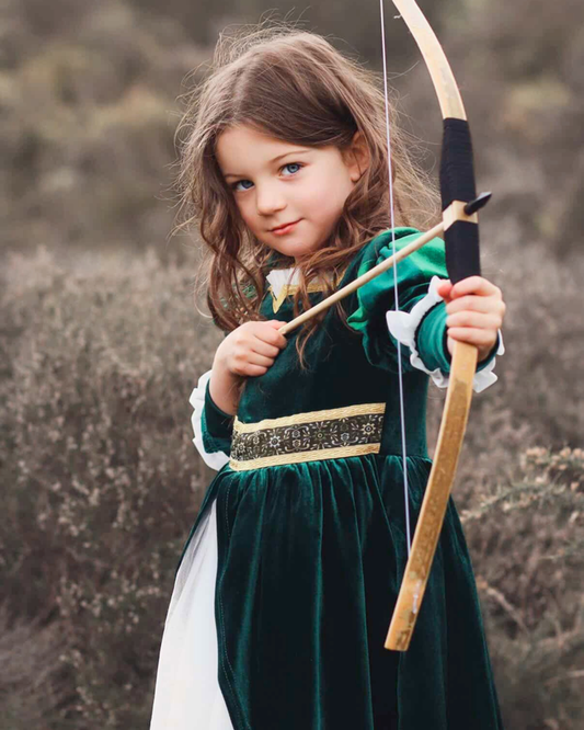 The Meredith, dark green velvet princess dress with gold lace detailing