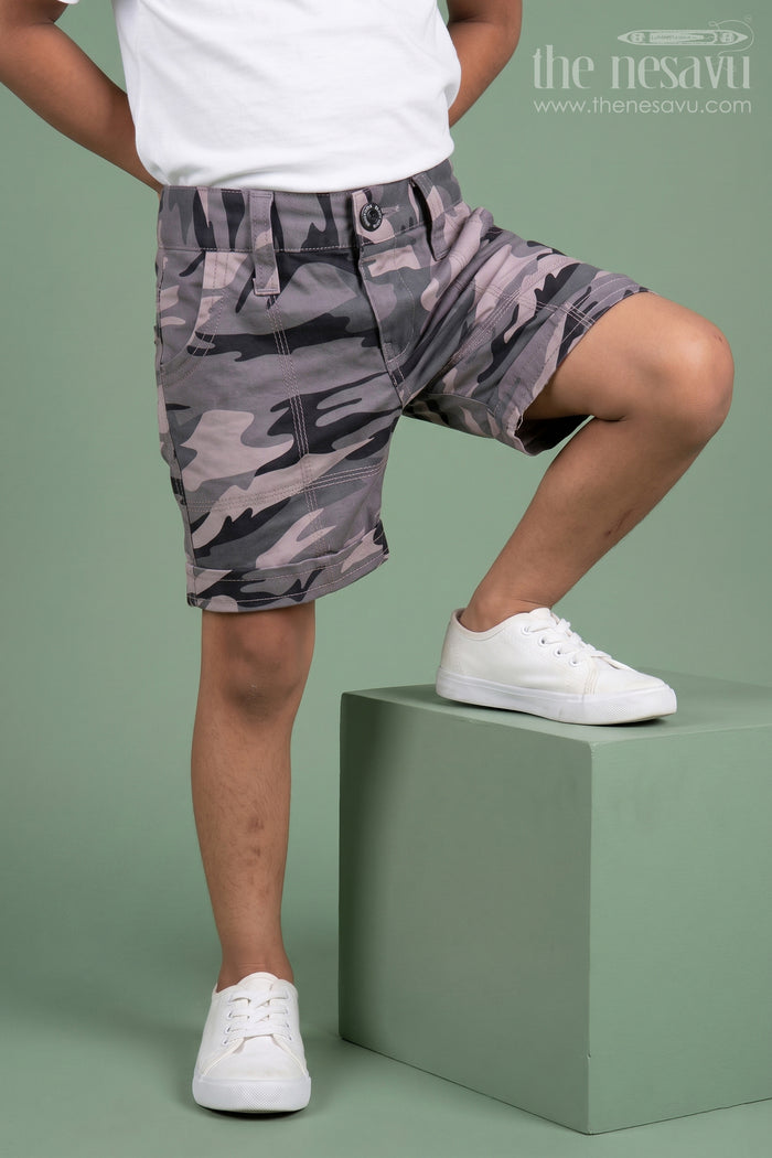 The Nesavu Boys Shorts The Nesavu Grey Camouflage Cotton Cargo Boys Shorts Nesavu 16 (1Y) / Gray BWS006B-16 The Nesavu Grey Camouflage Cotton Cargo Boys Shorts