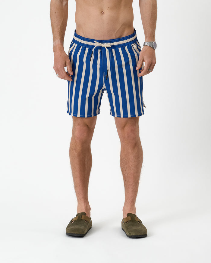 The Shorts in nautical stripe — featuring vertical blue and white stripes