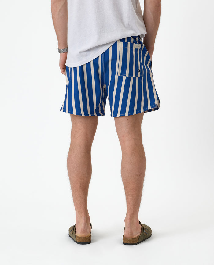 The Shorts in nautical stripe — back view showing the rear pocket and vertical stripes