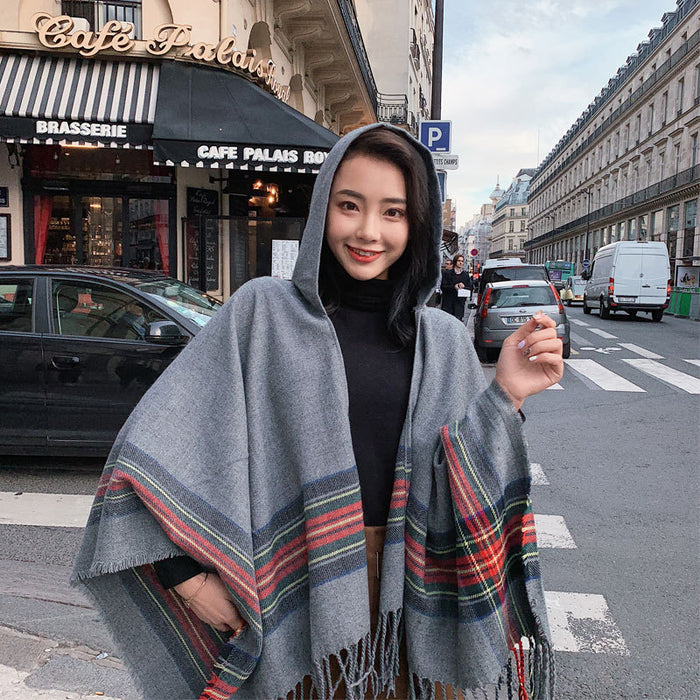 Thickened Warm Hooded Split Cloak Shawl