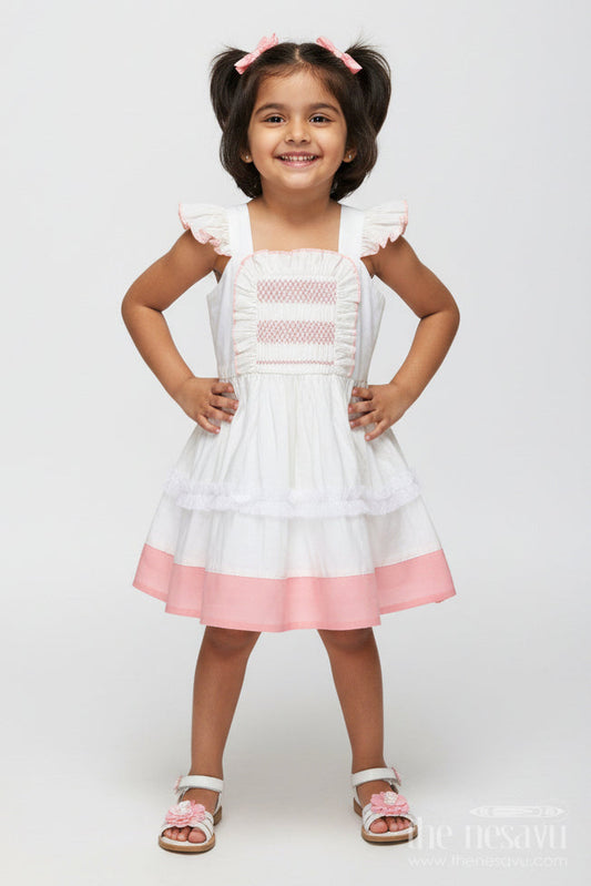 The Nesavu Girls Fancy Frock Thread Embroidered Frock for Girls Elegant Occasion Dress Nesavu 20 (3Y) / Peach GFC1825A-20 Nesavu Girls Thread Embroidered Cotton Dress Pleated Front Ruffle Sleeves Blush Accents