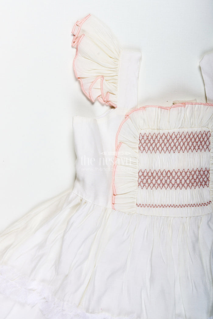 The Nesavu Girls Fancy Frock Thread Embroidered Frock for Girls Elegant Occasion Dress Nesavu Nesavu Girls Thread Embroidered Cotton Dress Pleated Front Ruffle Sleeves Blush Accents