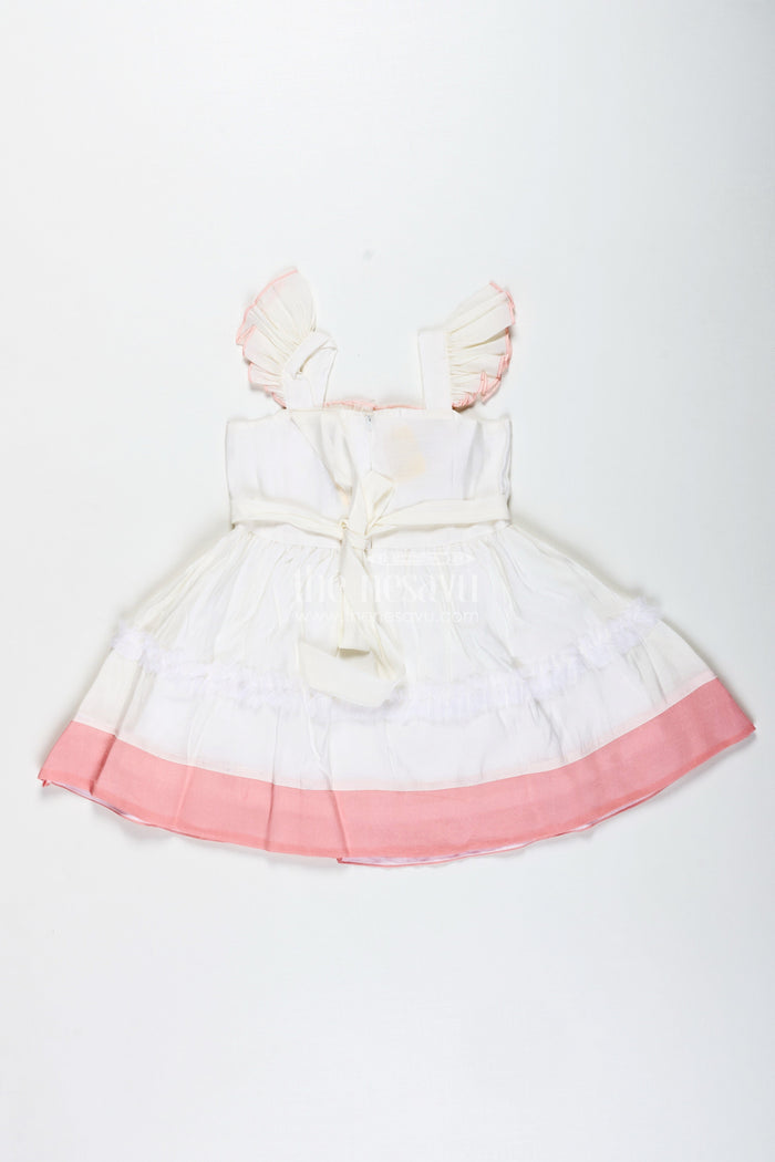 The Nesavu Girls Fancy Frock Thread Embroidered Frock for Girls Elegant Occasion Dress Nesavu Nesavu Girls Thread Embroidered Cotton Dress Pleated Front Ruffle Sleeves Blush Accents