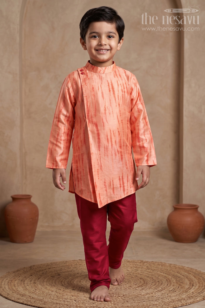 The Nesavu Boys Kurtha Set Tie and Dyed Orange Boys Kurta with Red Pant Nesavu 12 (3M) / Orange / Modal Satin BES341A-12 Shop Tie and Dyed Orange Boys Kurta with Red Pant Online | The Nesavu