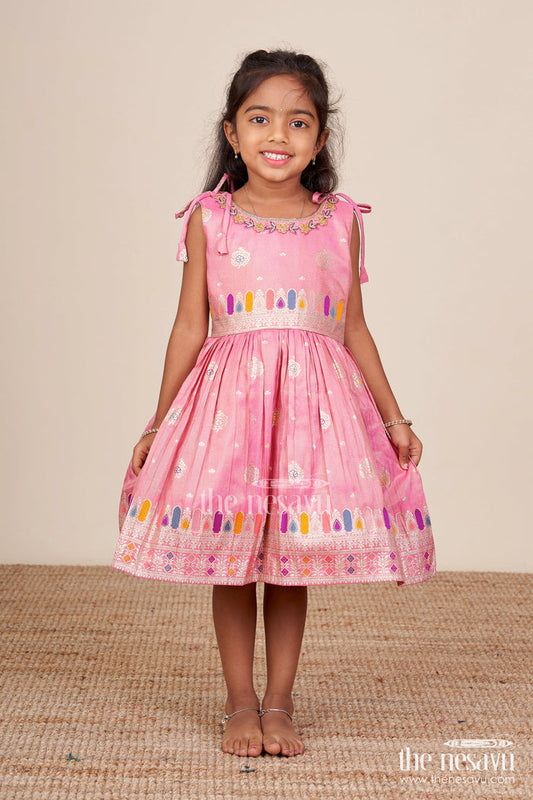 The Nesavu Tie-up Frock Tie-Up Silk Frock for Toddler Girls with Festive Zari Border for Traditional Functions Nesavu 16 (1Y) / Pink SF1047C-16 Nesavu tie-up silk frock toddler girls zari detailing  perfect festive family celebrations