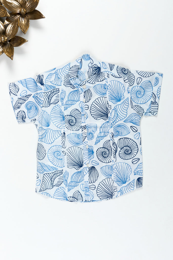 The Nesavu Boys Cotton Shirt Toddler Boys Casual Shirt for Day Events with Blue Nautical Shell Print On Soft Cotton Nesavu 16 (1Y) / Blue BS267A-16 Nesavu Toddler Boys Casual Cotton Shirt Navy Blue Shell Digital Print Daytime Wear