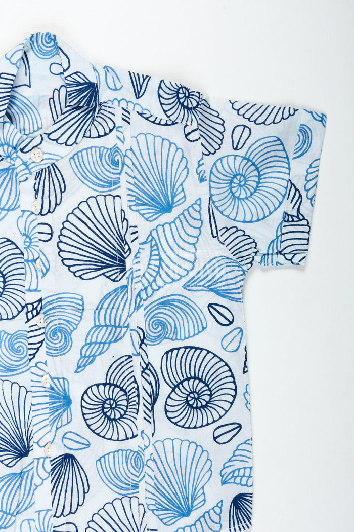 The Nesavu Boys Cotton Shirt Toddler Boys Casual Shirt for Day Events with Blue Nautical Shell Print On Soft Cotton Nesavu Nesavu Toddler Boys Casual Cotton Shirt Navy Blue Shell Digital Print Daytime Wear