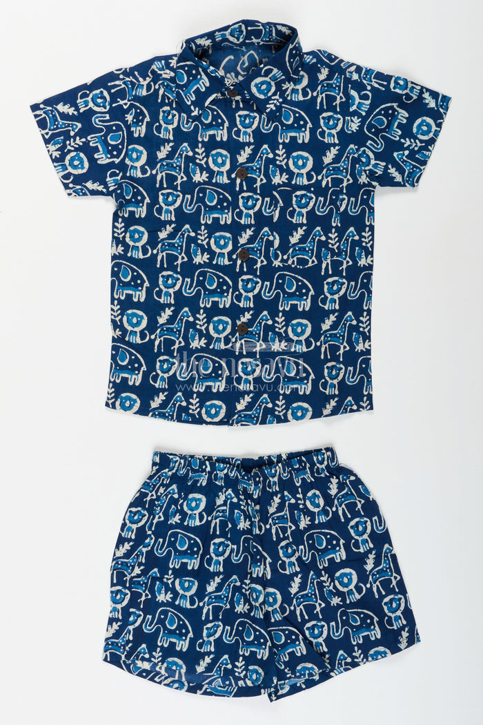 The Nesavu Toddler boys co-ord set with jungle animal print for daily wear Nesavu 16 (1Y) / Blue BCS403A-16 Nesavu toddler boys cotton co-ord set jungle animal print  comfy outfit daily fun