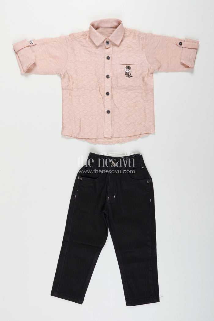 The Nesavu Boys Casual Set Toddler boys cotton blend shirt and pant set for casual outings Nesavu Nesavu toddler boys casual shirt and pant set in beige and black perfect for parties and everyday wear