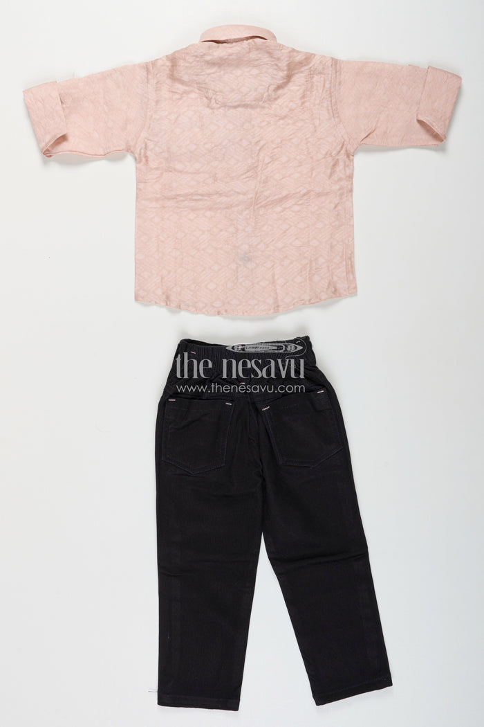 The Nesavu Boys Casual Set Toddler boys cotton blend shirt and pant set for casual outings Nesavu Nesavu toddler boys casual shirt and pant set in beige and black perfect for parties and everyday wear