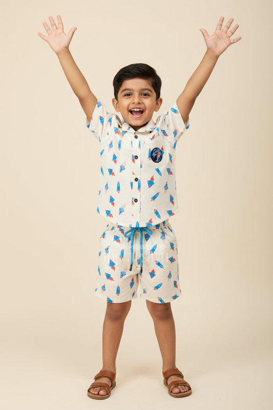 The Nesavu Boys Casual Set Toddler Boys Cotton Shirt and Shorts Set for Casual Outings Nesavu 16 (1Y) / White BCS396A-16 Nesavu toddler boys cotton casual shirt shorts set daily wear weekend outings