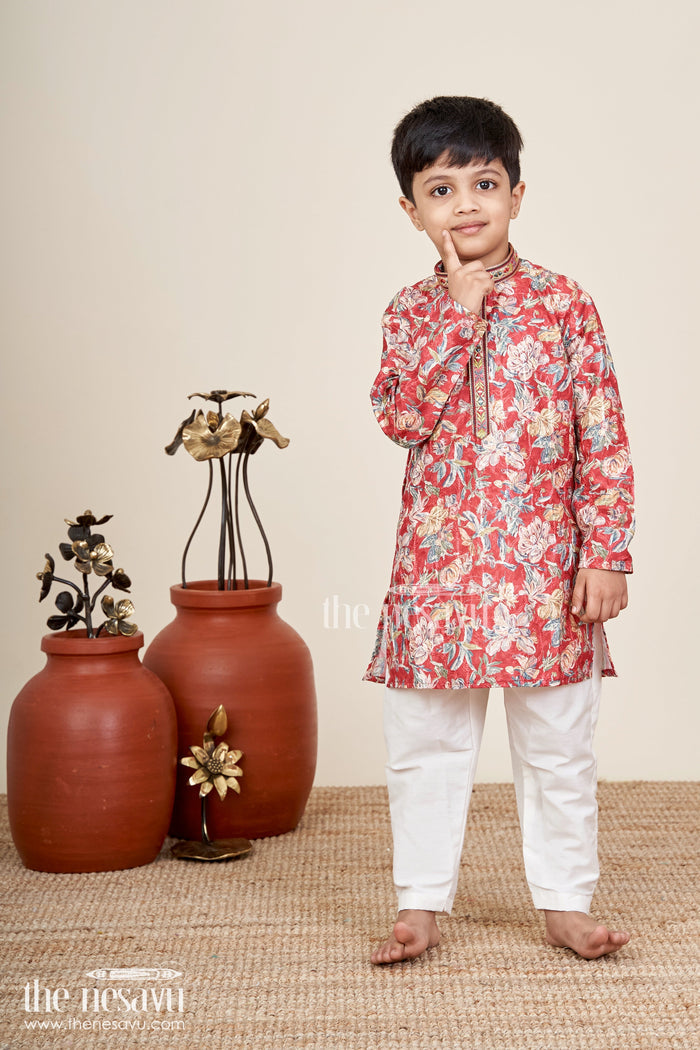 The Nesavu Boys Kurtha Set Toddler boys floral kurta set for weddings and traditional events Nesavu 16 (1Y) / Maroon BES891A-16 Nesavu toddler boys floral kurta set blended silk  traditional outfit festive weddings occasions