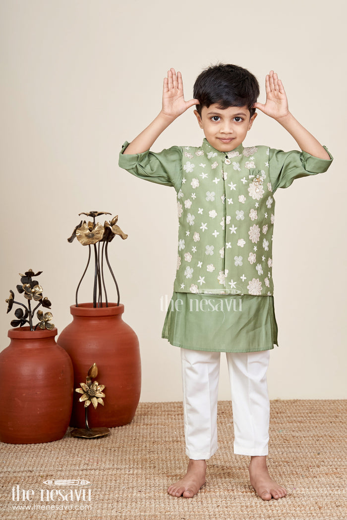 The Nesavu Boys Jacket Sets Toddler boys jacket kurta set for festive and family functions Nesavu 16 (1Y) / Green BES886A-16 Nesavu toddler boys embroidered kurta jacket set  festive ethnic outfit family occasions