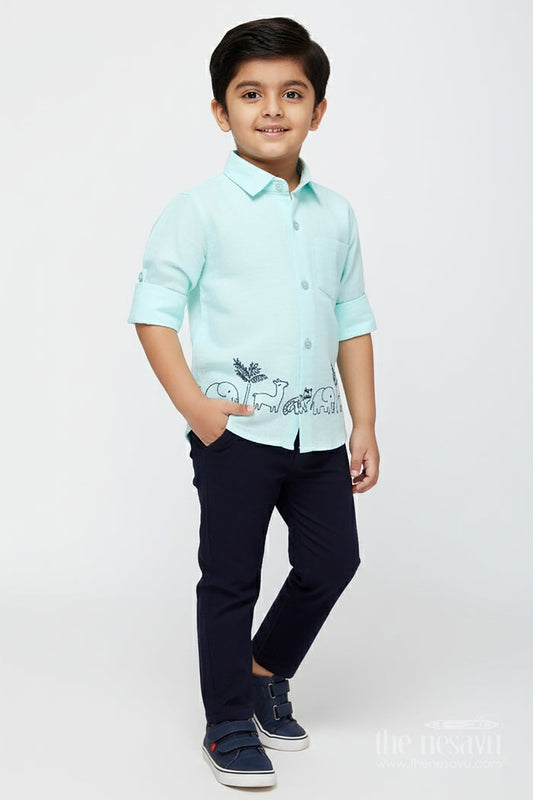 The Nesavu Boys Casual Set Toddler Boys Mint Muslin Cotton Embroidered Shirt and Navy Pants Set Nesavu 14 (6M) / Blue BCS386A-14 Nesavu toddler boys mint muslin cotton shirt with animal embroidery and navy pants