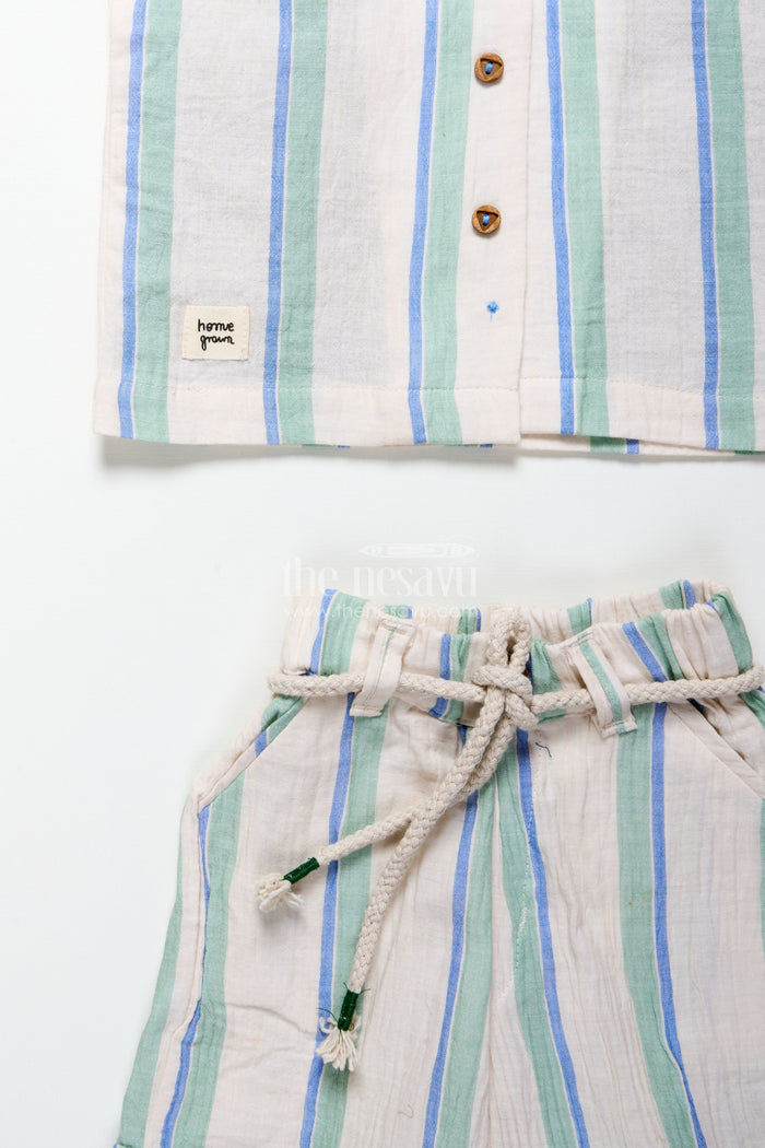 The Nesavu Boys Casual Set Toddler Boys Muslin Stripe Set for Relaxed Dressing and Outings Nesavu Nesavu toddler boys striped muslin cotton outfit summer play casual events relaxed wear