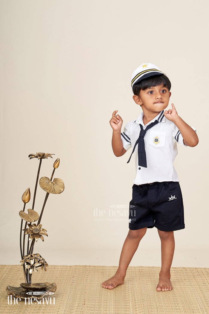 The Nesavu Boys Casual Set Toddler boys nautical knitted cotton shirt and shorts set with cap Nesavu Nesavu toddler boys nautical knitted cotton shirt, shorts, and cap summer set