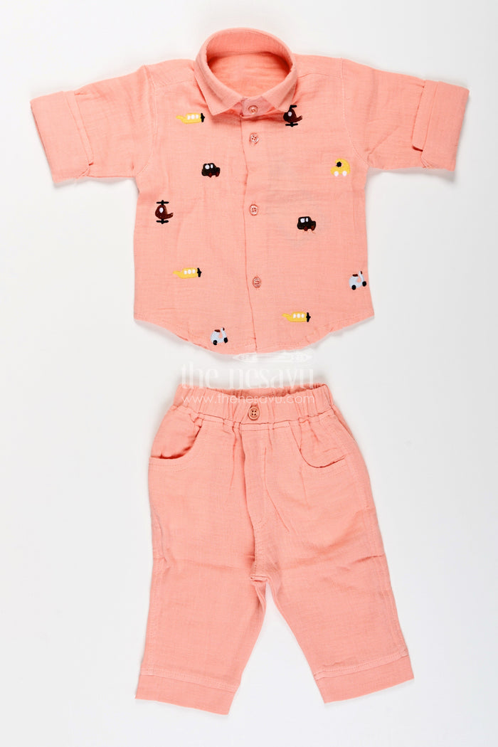 The Nesavu Boys Casual Set Toddler Boys Peach Muslin Cotton Shirt and Pants Set with Embroidery Nesavu Nesavu toddler boys muslin cotton shirt and pants set with vehicle embroidery