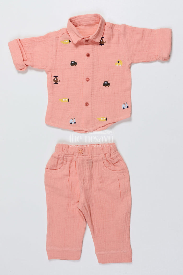 The Nesavu Boys Casual Set Toddler Boys Peach Muslin Cotton Shirt and Pants Set with Embroidery Nesavu Nesavu toddler boys muslin cotton shirt and pants set with vehicle embroidery