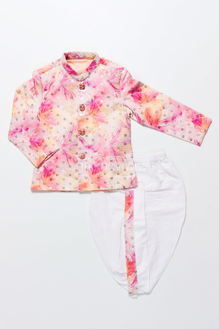 The Nesavu Boys Dothi Set Toddler Boys Pink Printed Cotton Blend Dothi Set for Festive Occasions Nesavu 12 (3M) / Pink BES872A-12 Nesavu toddler boys printed cotton blend dothi set embroidered jacket festivals