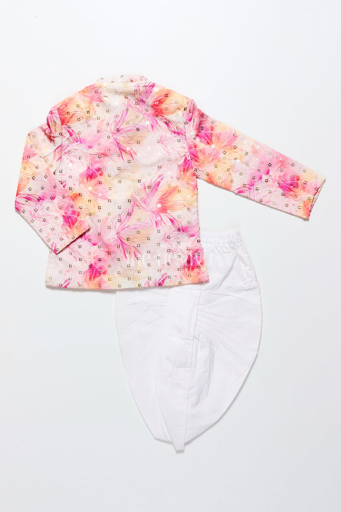 The Nesavu Boys Dothi Set Toddler Boys Pink Printed Cotton Blend Dothi Set for Festive Occasions Nesavu Nesavu toddler boys printed cotton blend dothi set embroidered jacket festivals