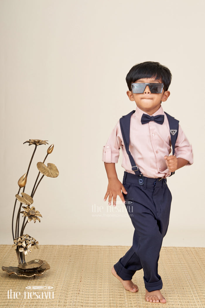 The Nesavu Boys Casual Set Toddler boys satin shirt and pants set with bow tie and suspenders Nesavu Nesavu toddler boys satin shirt with bow tie, suspenders, and navy pants set
