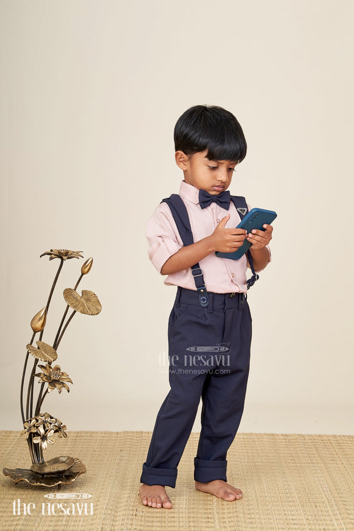 The Nesavu Boys Casual Set Toddler boys satin shirt and pants set with bow tie and suspenders Nesavu 16 (1Y) / Brown BCS376A-16 Nesavu toddler boys satin shirt with bow tie, suspenders, and navy pants set