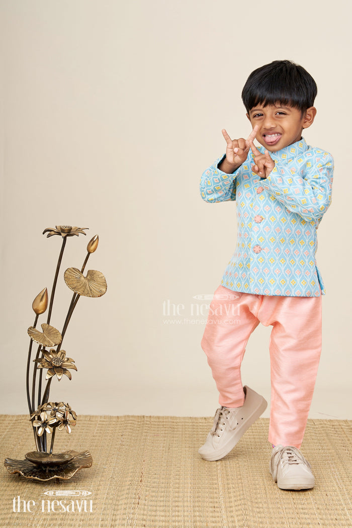 The Nesavu Boys Dothi Set Toddler boys silk blend dothi set for weddings and festive occasions Nesavu 14 (6M) / Blue BES871A-14 Nesavu toddler boys silk blend dothi set jacket churidar festive weddings