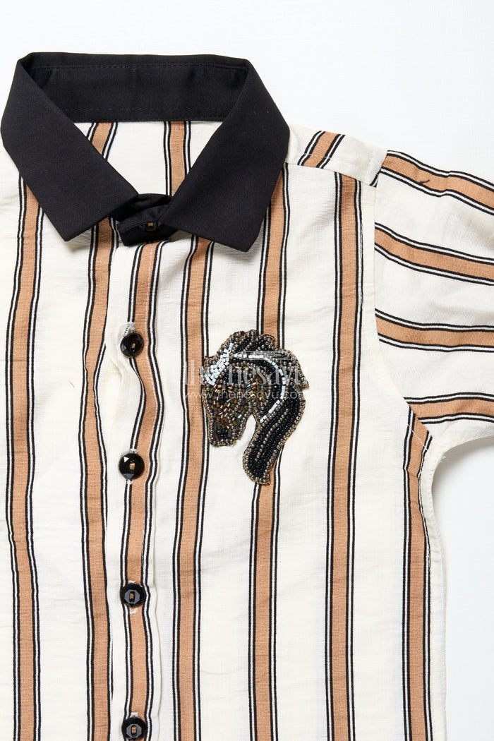 The Nesavu Boys Casual Set Toddler Boys Striped Shirt and Pant Set for Casual Gatherings Nesavu Nesavu toddler boys striped cotton set patch embellishment casual events outings