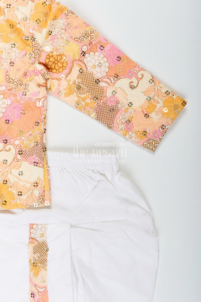 The Nesavu Boys Dothi Set Toddler Boys Yellow Printed Cotton Blend Dothi Set for Festive Occasions Nesavu Nesavu toddler boys yellow printed cotton blend dothi set embroidered jacket festivals