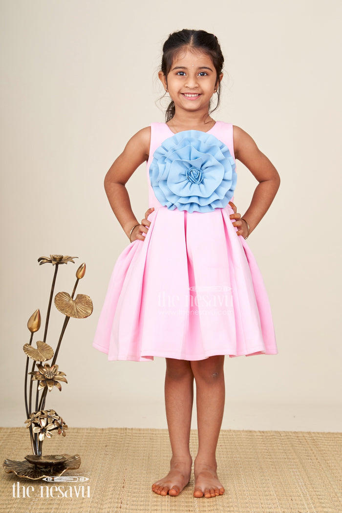 The Nesavu Girls Fancy Party Frock Girls pink scuba party frock with oversized blue flower Nesavu 16 (1Y) / Pink PF272B-16 Nesavu girls pink scuba party frock with oversized blue flower chic and playful