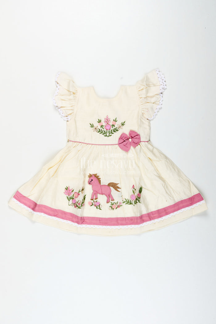 The Nesavu Girls Cotton Frock Toddler Girl Chanderi Cotton Frock with Embroidery for Ethnic Occasions Nesavu 16 (1Y) / Half white GFC1977A-16 Nesavu toddler girl embroidered cotton frock ethnic wear naming ceremonies family functions