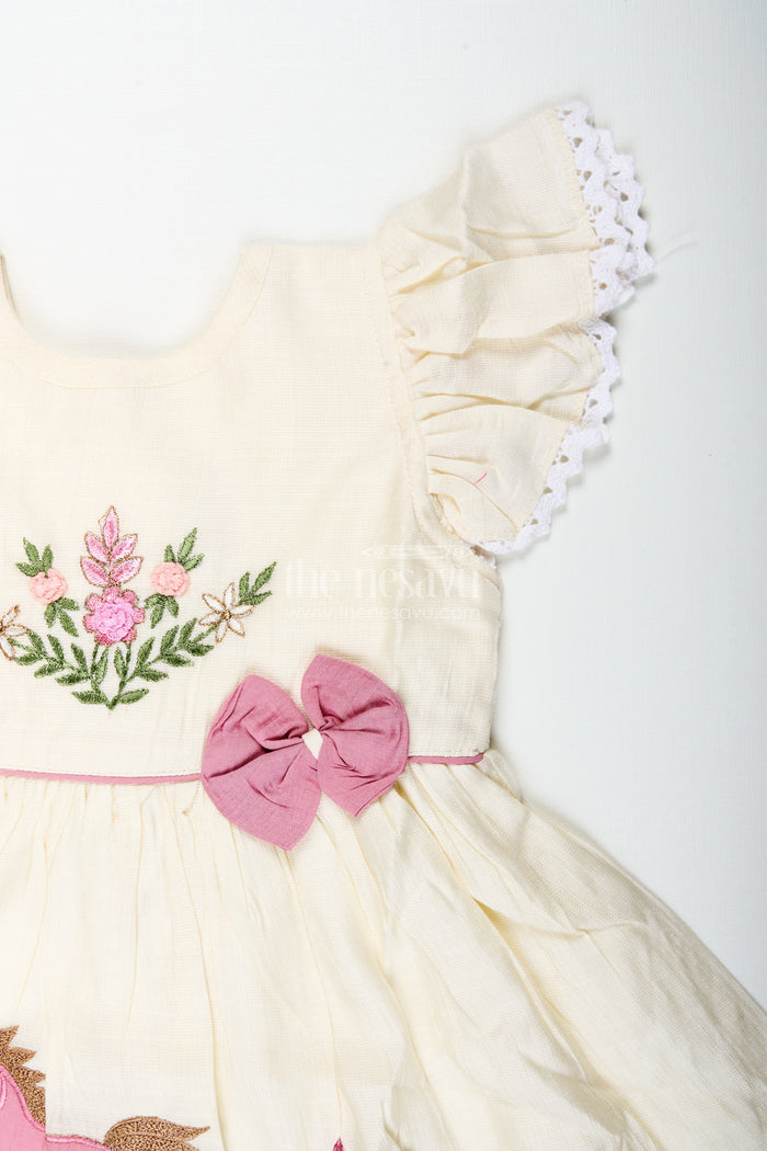 The Nesavu Girls Cotton Frock Toddler Girl Chanderi Cotton Frock with Embroidery for Ethnic Occasions Nesavu Nesavu toddler girl embroidered cotton frock ethnic wear naming ceremonies family functions