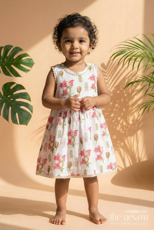 The Nesavu Girls Cotton Frock Toddler Girl Cotton Frock for Casual Wear and Day Outs Nesavu 16 (1Y) / Half white GFC1963A-16 Nesavu toddler girl floral cotton frock  soft summer outfit playschool outings