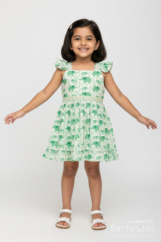 The Nesavu Girls Cotton Frock Toddler Girl Cotton Frock with Elephant Print for Everyday Comfort Nesavu 18 (2Y) / Green / Style 1 GFC1970BA-18 Nesavu toddler girl cotton frock elephant digital print playdates summer comfort
