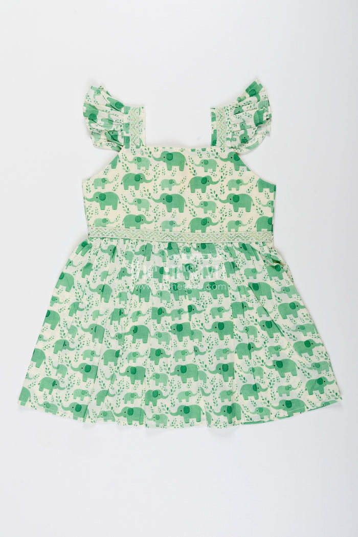 The Nesavu Girls Cotton Frock Toddler Girl Cotton Frock with Elephant Print for Everyday Comfort Nesavu 18 (2Y) / Green / Style 2 GFC1970BB-18 Nesavu toddler girl cotton frock elephant digital print playdates summer comfort