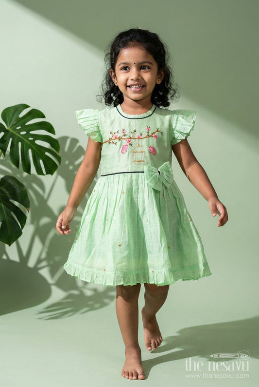 The Nesavu Girls Cotton Frock Toddler Girl Cotton Frock with Embroidery for Poojas and Ethnic Days Nesavu 16 (1Y) / Green GFC1980A-16 Nesavu toddler girl embroidered chanderi frock poojas cultural functions festive gatherings