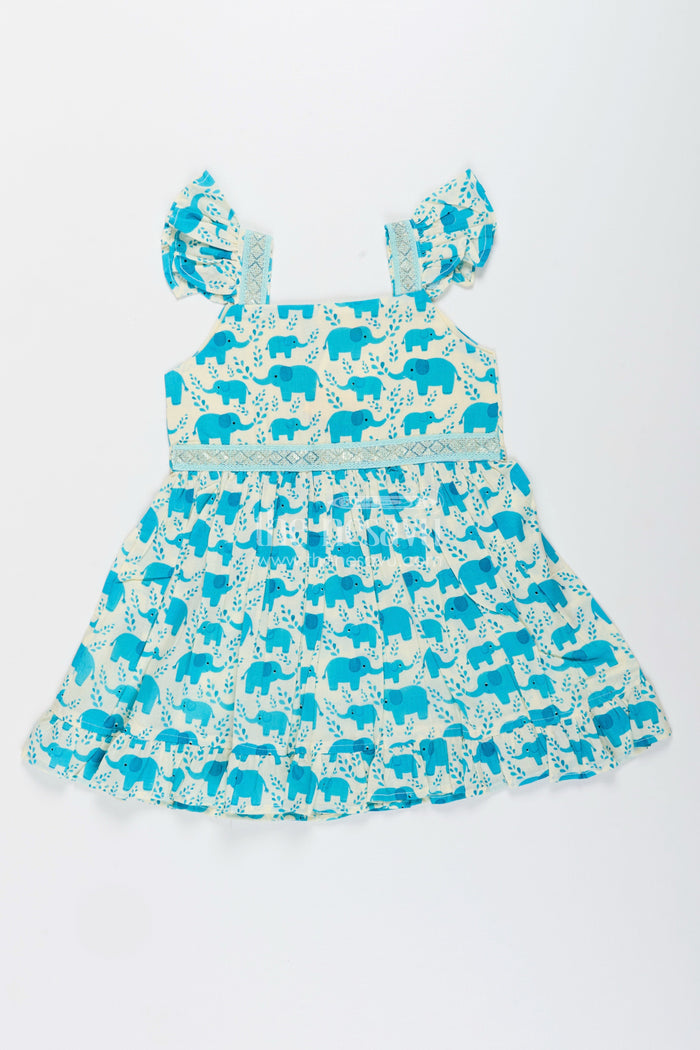 The Nesavu Girls Cotton Frock Toddler Girl Cotton Frock with Teal Elephant Print Nesavu 18 (2Y) / Blue / Style 1 GFC1970DA-18 Nesavu toddler girl cotton frock teal elephant print flutter sleeves casual days