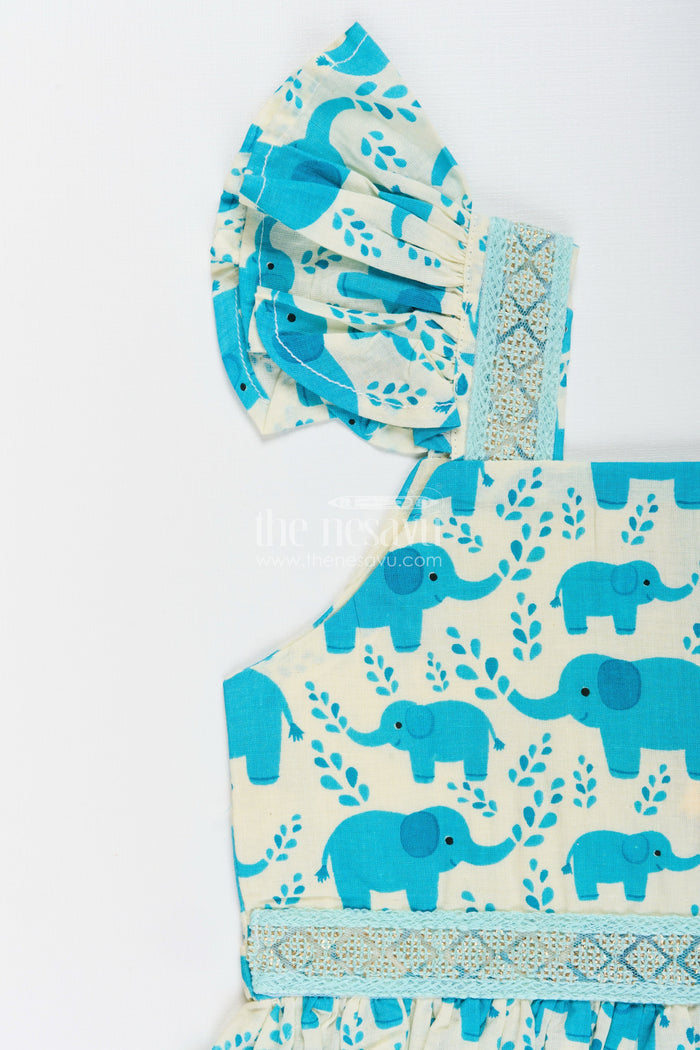 The Nesavu Girls Cotton Frock Toddler Girl Cotton Frock with Teal Elephant Print Nesavu Nesavu toddler girl cotton frock teal elephant print flutter sleeves casual days